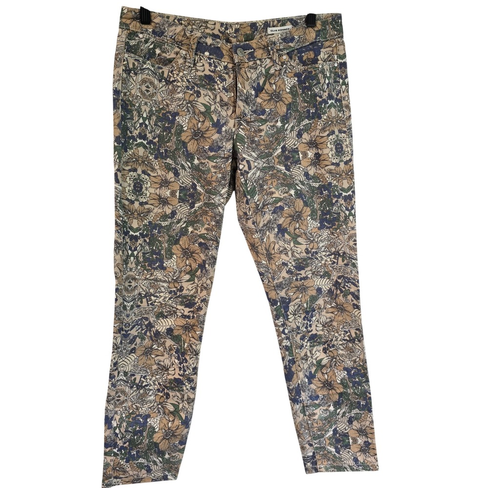 Club Monaco Women 4 Floral Kaleidoscope Print Slim Ankle Pants Tan Blue 00101892